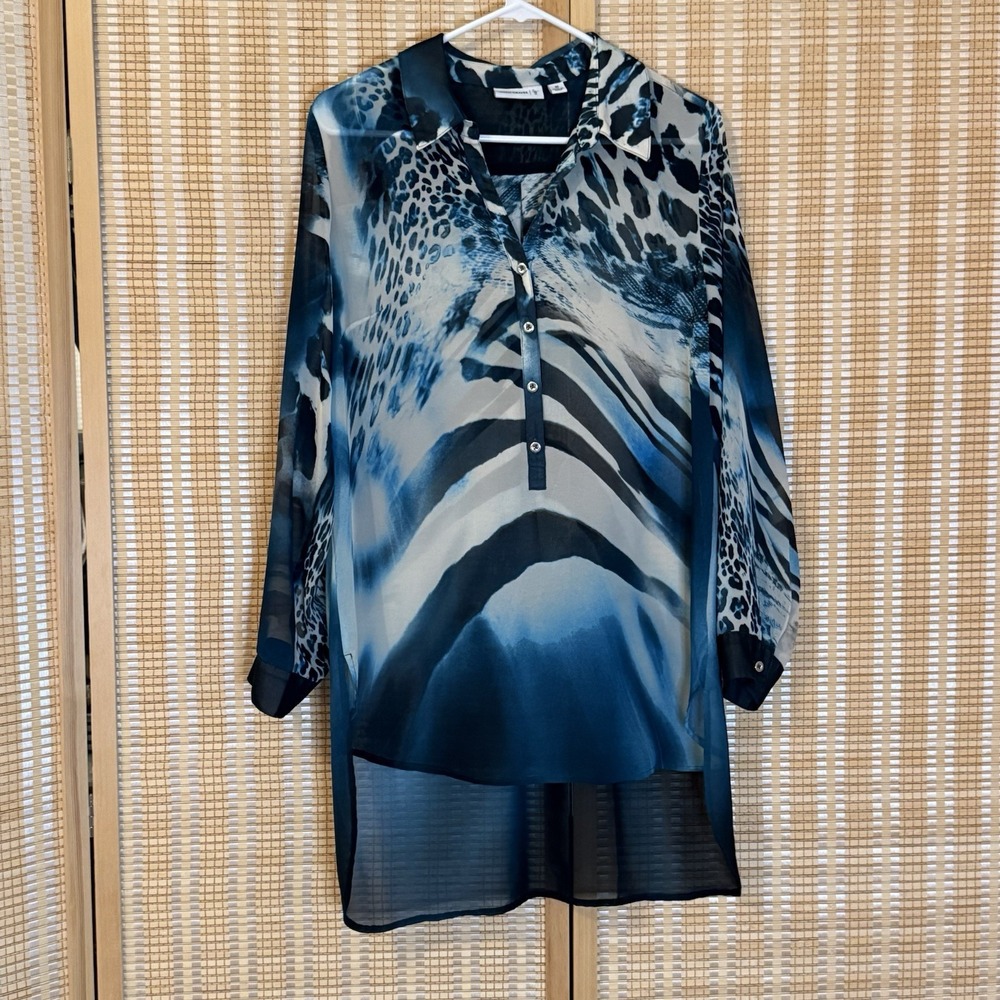 SUSAN GRAVER Womens 10 Tunic Long Sleeve Sheer Blue White Lagenlook Boho Artsy‎